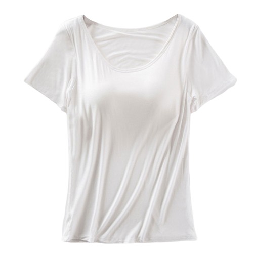 Women Elastic Basic T-Shirt with Chest Pad Plain Solid Modals Tops for Gym Lover - Picture 4 of 13