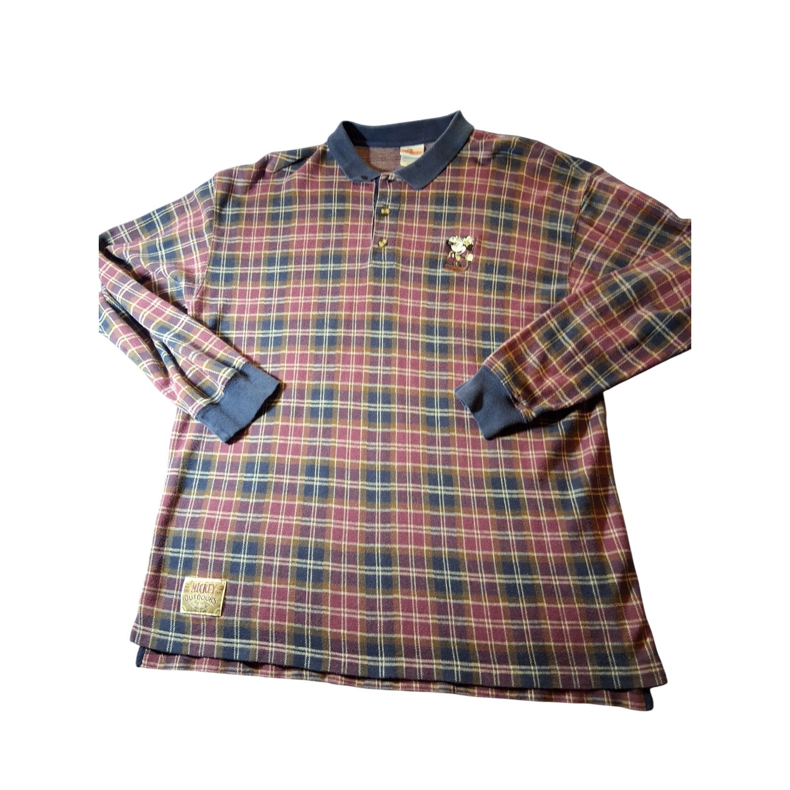 Vintage Disney Store Mickey Outdoors Plaid Long Sleeve Polo Shirt XL Maroon Navy