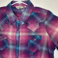 Roper Girls Pink Pearl Snap Pink Blue Purple Plaid Long Sleeve W/ Dazzle XL