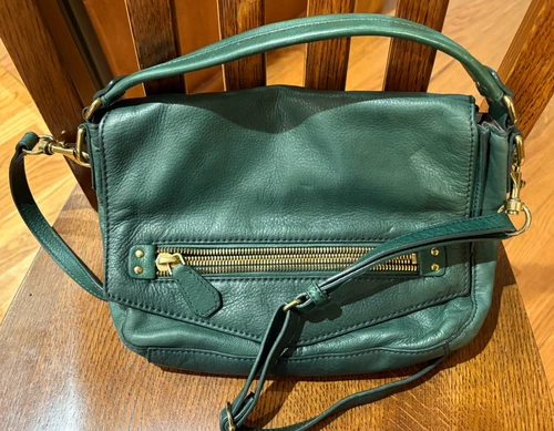 J. Crew Green Pebbled Leather Satchel Crossbody Shoulder Handbag Purse Zippers!