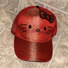 Hello Kitty Red Black Trucker Hat Girls Adjustable Polyester Mesh Back Bow Logo