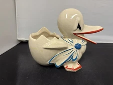 Vintage MCM McCoy Ceramic Duck with Egg Planter white with red and blue paint