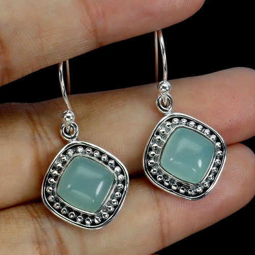 925 Sterling Silver Earrings Cushion Chalcedony 8mm Natural Gemstone Jewelry - Picture 2 of 14