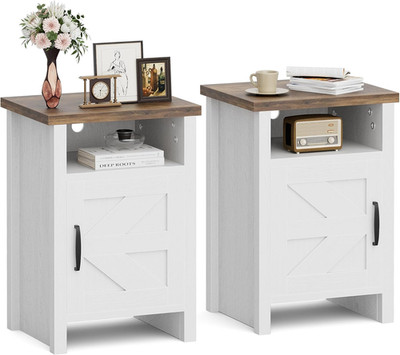 Rustic Farmhouse Nightstand with Barn Door, Set of 2, White Finish