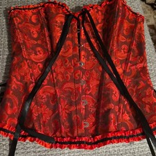 Women's Red/Black Floral Overbust Strapless Lace-Up Boned Corset Ruffle S