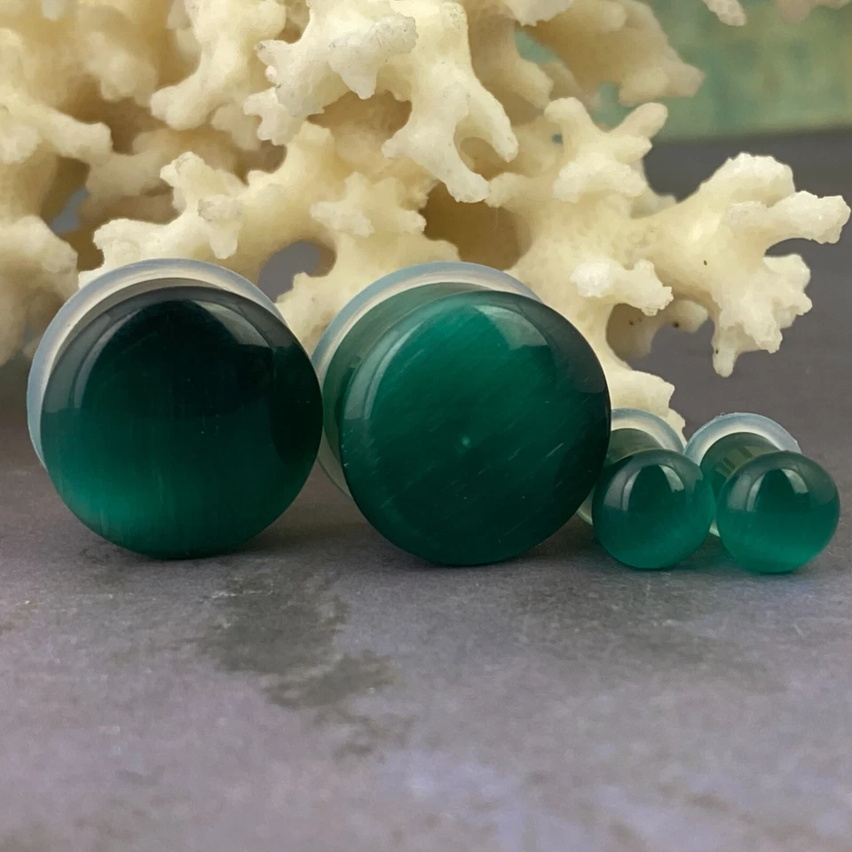 Teal Cat Eye Stone Single Flare Plugs (STN-743) set ear gauges PICK SIZE - Image 2 of 3
