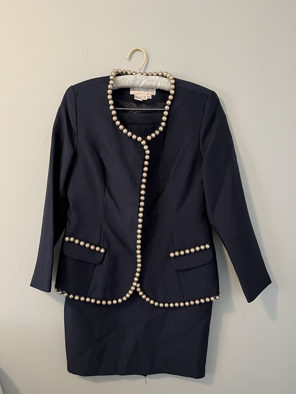 Donna Vinci Navy Skirt Suit with Pearl Trim Old Money Glam Church Outfit