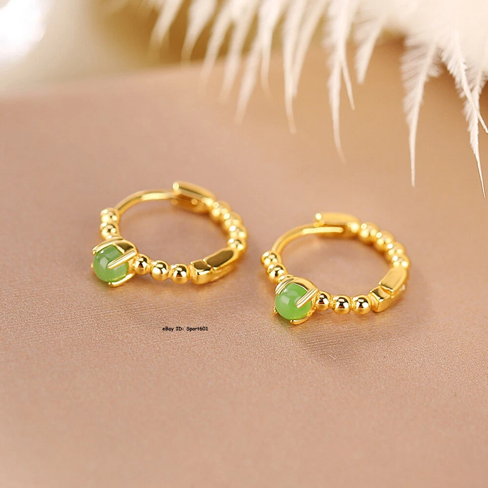 Nuevos pendientes de aro de cuentas de la suerte de plata esterlina real de jadeíta verde / cubierta de oro de 18 quilates Foto 2 de 4