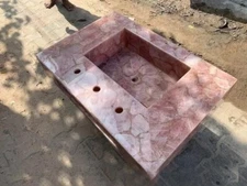 18"x12" Unique Rose Quartz Bathroom Sink Handcrafted Washbasin Kitchen Slab Deco