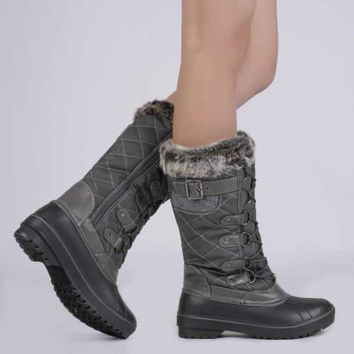Women's Waterproof Mid Calf Boots Faux Fur Lined Zipper Warm Winter Snow Boots - Picture 28 of 40