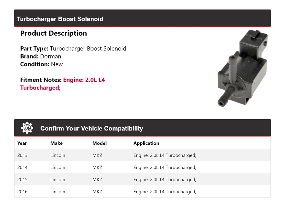 For 2013-2016 Lincoln MKZ Dorman Turbocharger Boost Solenoid 2014 2015 - Image 2 of 4