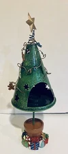 Christmas Tree Green Colorful Metal Tealight W Ornaments Holder 15”