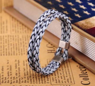 NG25 Gray-Blue Cute Double 6mm Braided PU Leather Bracelet Wristband Men's Cuff