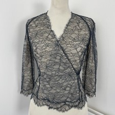 Catherine Walker Silk Jacket Wrap Sz S Lightweight Devore Floral Lace Teal Beige