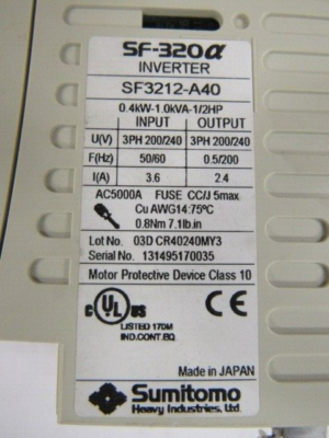 設備・備品 Sumitomo SF-320a Inverter SF-3212-A10 SUMITOMO SF3212-A40 AC INVERTER SF-320 SERIES 1/2HP 200/240 3PH