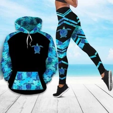 Women Two Piece Outfits BLUE SEA TURTLE  Print Sweatshirt and Leggings 