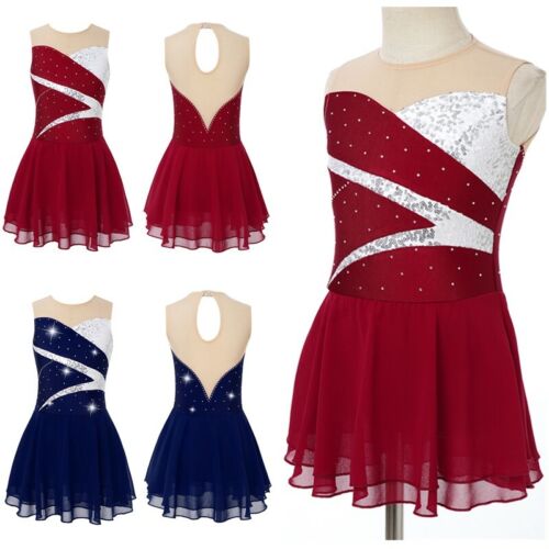 Girls Sequin Rhinestone Sleeveless Figure Ice Skating Dress Ballet Dance Costume - Afbeelding 1 van 26