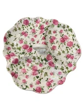 Pink Cabbage Roses Porcelain Serving Tidbit TrayCandy Dish Handl Vg Jay Imports