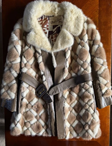 Vtg 60s/70s Geometric Patchwork Mink Fur & Leather Trench Coat Jacket Marks Furs - product listing photo