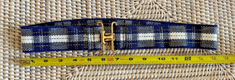 Cinturón elástico a cuadros vintage años 90 azul, amarillo y blanco con hebilla entrelazada - Imagen 1 de 1