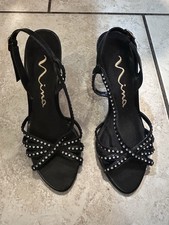 Nina Black Strappy Rhinestone Stiletto Open Toe Leather Heels for Women