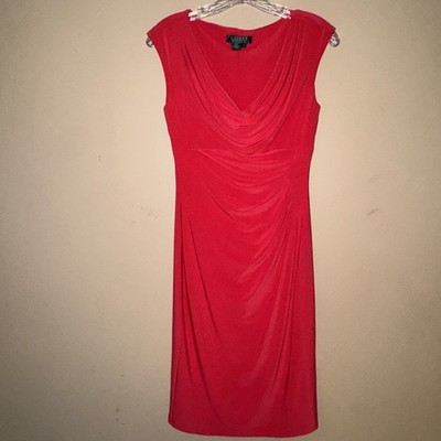 Lauren Ralph Lauren Dress Women's Size 4 Red Cowl Neck Ruched Sheath Cap Sleeve