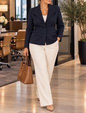 Lafayette 148 New York Navy Tailored Blazer Size 14 Cotton Stretch Career Chic