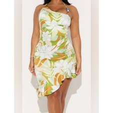 Fashion Nova Green and White Floral Asymmetrical Halter Dress