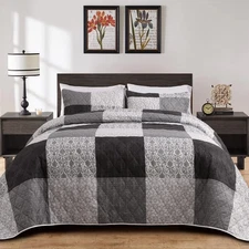 Oversized King 128x120 Bedspread for California King Bed, Patchwork Plaid Gre...