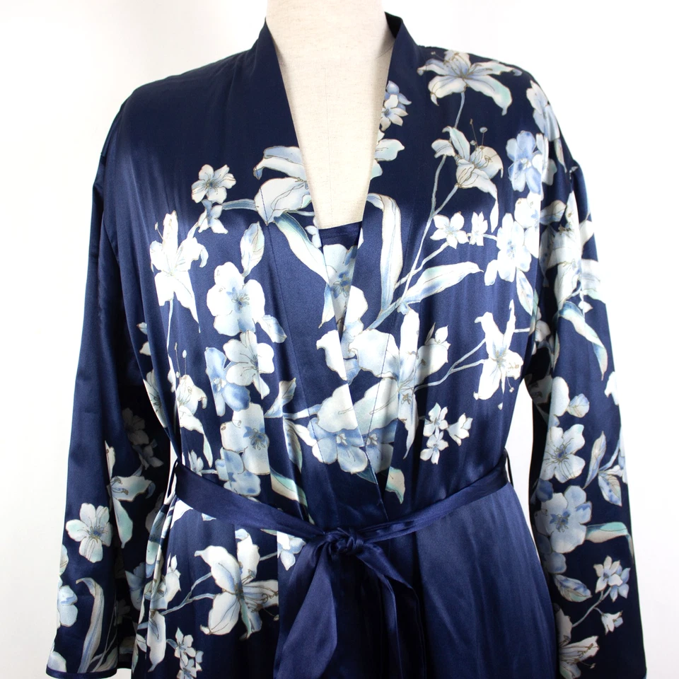 Conjunto de 2 piezas de bata y vestido sin mangas de satén Jones New York vintage años 90 talla XL/1X azul floral Foto 2 de 4
