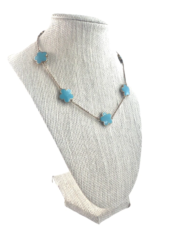 Vtg Lauren G Adams Necklace Daisy Love Turquoise Blue Enamel Gold Toned 16-18” - Image 2 of 4