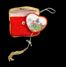 Chinese Asian Pagoda Scene Ceramic Heart Tassel Decorative Hanging Art In Pouch