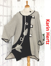 KARIN HERTZ Designer Strickjacke Gr.  50 52 hell braun schwarz KORDEL + BLÄTTER