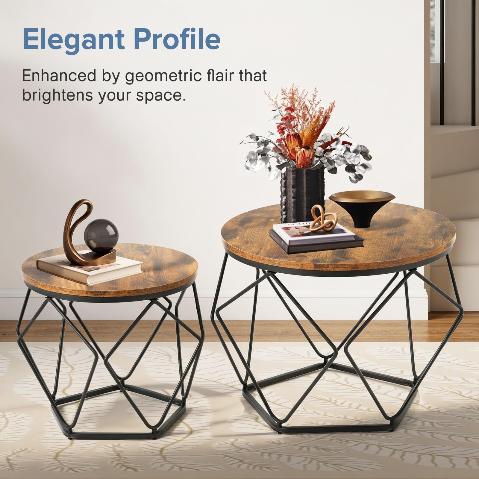 Set of 2 Modern Round Coffee Tables,Geometric Design,Cafe Livingroom End Tables