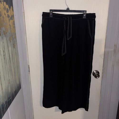 1.STATE Womens Wide Leg Casual Cropped Pants, black L White Stitching Tie Waist - Picture 1 of 10