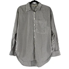 Loft Grey & White Striped Button Down Boyfriend Blouse Reg Size XS