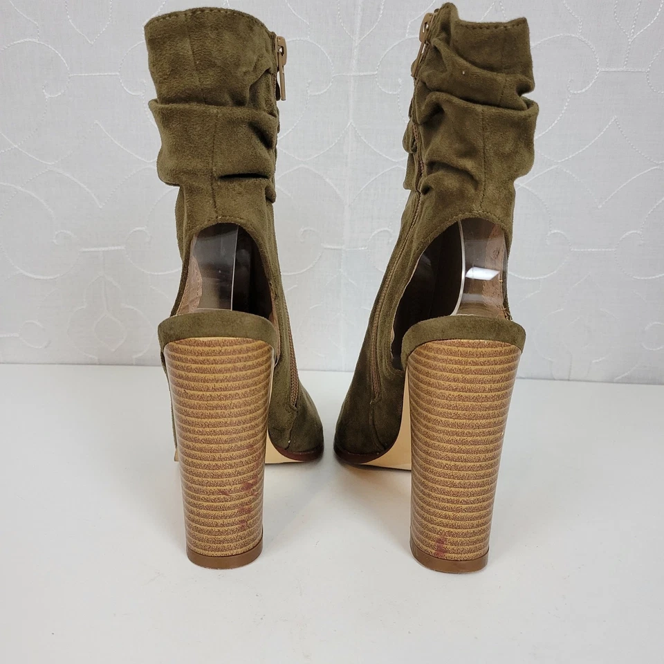 Liliana Anson Womens Boots 7.5 Olive Suede Peep Toe Ankle Cutout Block Heel - Image 4 of 4