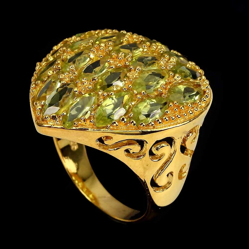 925 Anello Argento Sterling Marquise Peridoto Naturale Gemma Gioielli Misura 8 - Immagine 2 di 4