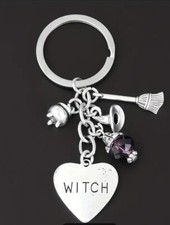 Witch Heart Cauldron Broom Faux Amethyst Charm Keychain