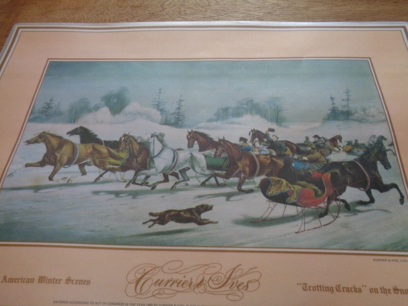 Trotting Tracks on the Snow Currier and Ives Laminate Print Horse Drawn Sleigh