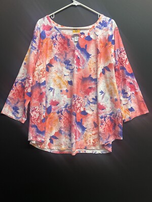 Woman Top 3/4 Sleeves Blue Printed floral Casual Sz 2XL NWOT