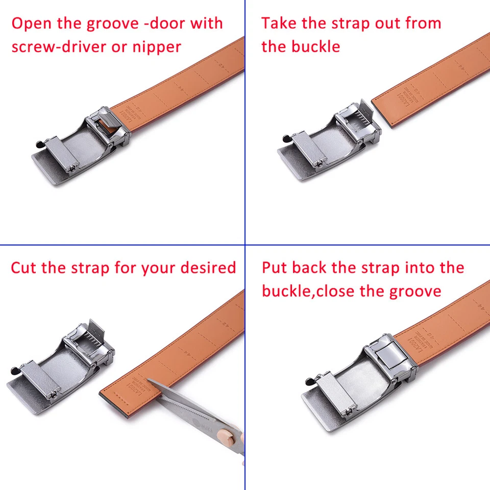 Mens Leather Belt No Holes Ratchet Belt Automatic Buckle Adjustable - Image 2 of 4