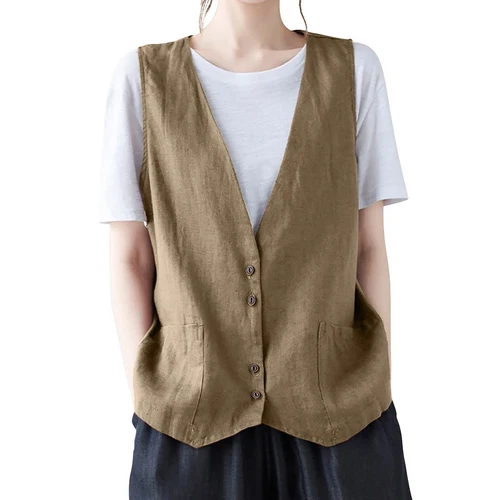 Mujeres Algodón Lino Sin Mangas Chaleco Abrigo Damas Botones Chaleco Informal Camiseta sin Mangas - Imagen 24 de 45