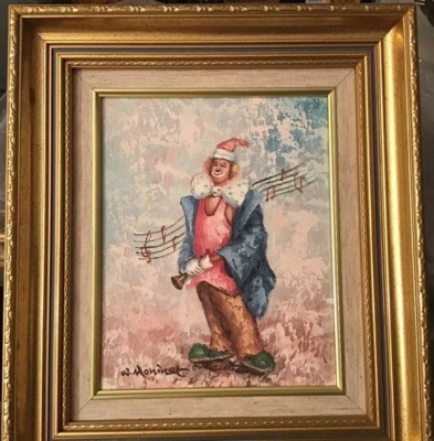 Vintage gerahmt Öl auf Leinwand ''Musik Clown'' von William Moninet (1937-1999) 8 ''X10''