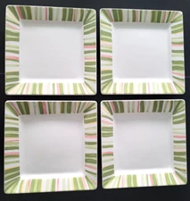 Set of 4 CLAY ART Hibiscus Stripe Hand Painted Dinner Plates 11" Square