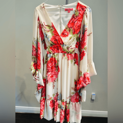 betsey johnson ivory dress NWT Betsey Johnson Ivory Rose Boho Bell Sleeve V-Neck Floral Ruffle Dress  Size 6