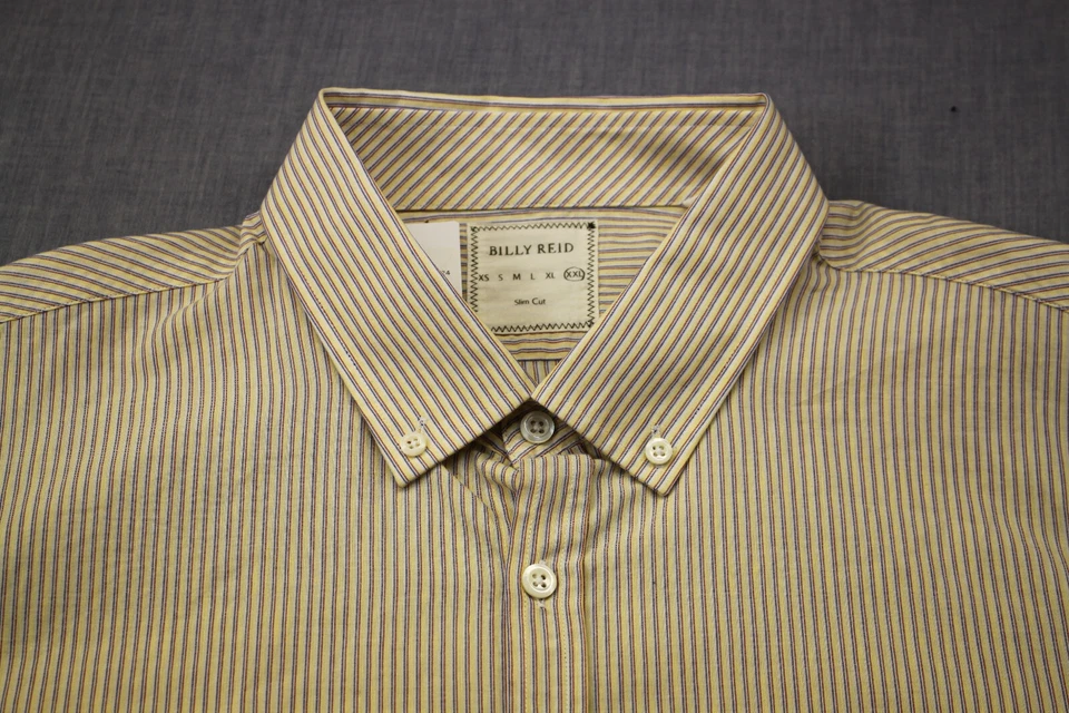 Camisa Billy Reid Para Hombres Beige Rayas Lino Algodón Calce Ajustado LS Botón Nueva con Etiquetas 2XL $195 Foto 2 de 4
