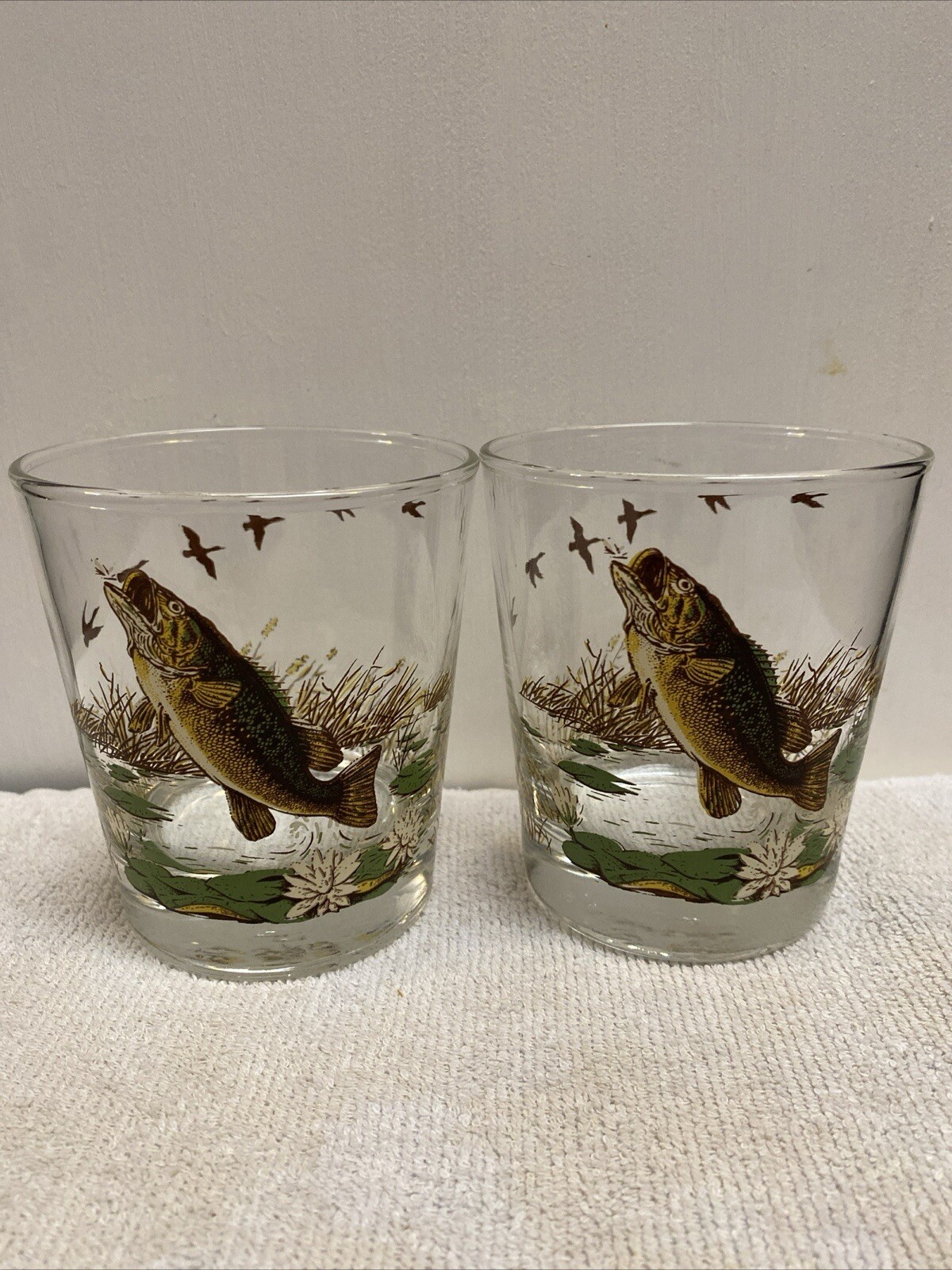 Whiskey Barware LARGE MOUTH BASS Fishing Highball Glasses Libbey Series 2 vintag