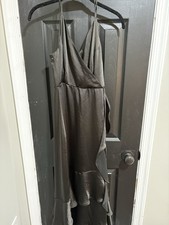 Nine West Black Strappy Ruffle Hem Dress Stretch Satin Wrap Gown NWOT  Size S