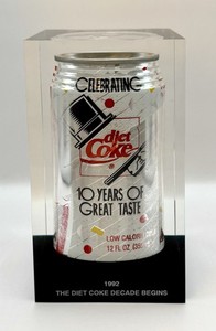 RARE Vintage 1992 “The DIET COKE Decade Begins” Sealed Can Acrylic Trophy Promo!